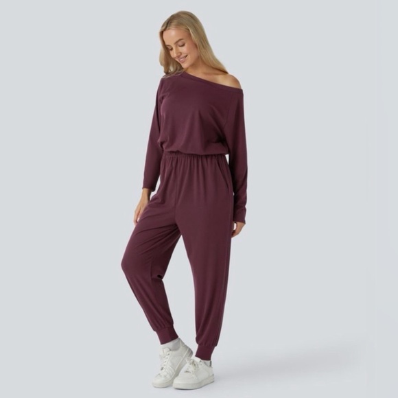 HALARA Pants - Halara NWT Off Shoulder Long Sleeve Pocket Waffle Jumpsuit. Sz S Evening Red